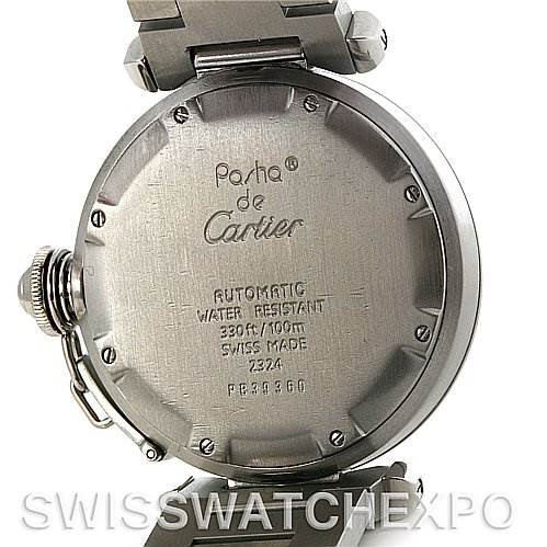 This image shows the back case of a Cartier Pasha W31075M7 Men
s Stainless Steel Pink Dial W31075M7 Men
s Stainless Steel Pink Dial watch, including the engraved details and part of the bracelet.