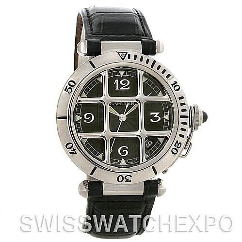 The image shows a front view of a Cartier Pasha W3105255 Men's Stainless Steel Grey Dial W3105255 Men's Stainless Steel Grey Dial watch with a black leather strap and a numbered bezel.