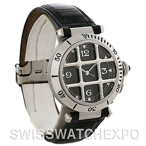 The image shows a Cartier Pasha W3105255 Men's Stainless Steel Grey Dial W3105255 Men's Stainless Steel Grey Dial watch at a three-quarter angle, highlighting the face, bezel, and leather strap.