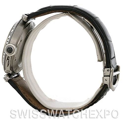 The image shows a side profile of a Cartier Pasha W3105255 Men's Stainless Steel Grey Dial W3105255 Men's Stainless Steel Grey Dial watch, highlighting its case, crown, leather strap, and buckle.