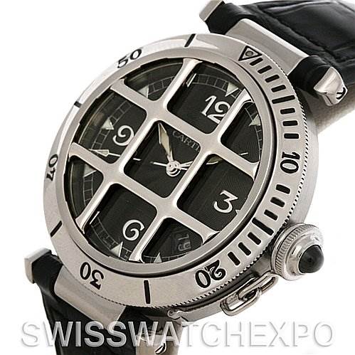 The Cartier Pasha W3105255 Men's Stainless Steel Grey Dial W3105255 Men's Stainless Steel Grey Dial watch is shown at an angle displaying the bezel, case, grid-like bars, dial, and part of the leather strap.