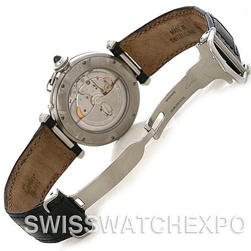 The image shows the case back and deployed clasp of a Cartier Pasha W3105255 Men's Stainless Steel Grey Dial W3105255 Men's Stainless Steel Grey Dial watch, displaying the movement and leather strap.