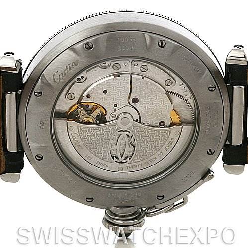 The image shows the back view of the Cartier Pasha W3105255 Men's Stainless Steel Grey Dial W3105255 Men's Stainless Steel Grey Dial watch, highlighting its mechanical movement and internal components.