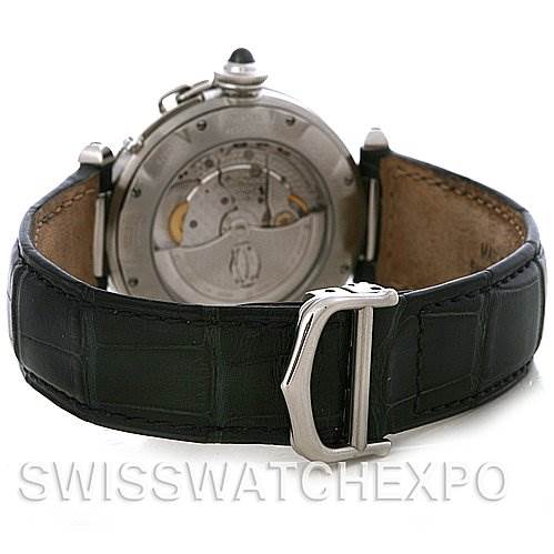The image shows the back view of a Cartier Pasha W3105255 Men's Stainless Steel Grey Dial W3105255 Men's Stainless Steel Grey Dial model watch, highlighting its exposed movement and leather strap with a metal buckle.