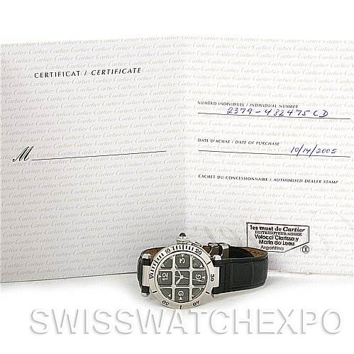 The image shows a Cartier Pasha W3105255 Men's Stainless Steel Grey Dial W3105255 Men's Stainless Steel Grey Dial watch at a slight side angle, along with its certificate and documentation in the background.