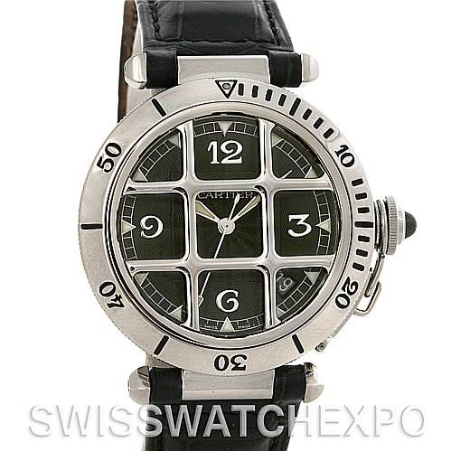 The image shows a frontal view of a Cartier Pasha W3105255 Men's Stainless Steel Grey Dial W3105255 Men's Stainless Steel Grey Dial model watch with a black dial, leather strap, and distinctive Arabic numerals.