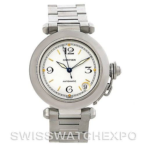 The image shows a front angle view of a Cartier Pasha W31043M7 Men's Stainless Steel Silver Dial W31043M7 Men's Stainless Steel Silver Dial watch, displaying its round dial, bracelet, and crown guard.