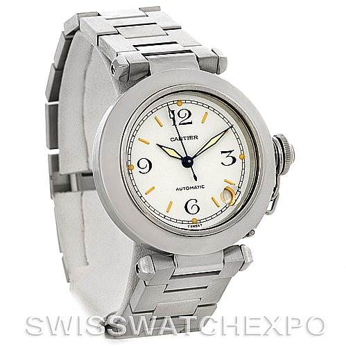 The image shows a front angled view of a Cartier Pasha W31043M7 Men's Stainless Steel Silver Dial W31043M7 Men's Stainless Steel Silver Dial model watch displaying the face, bezel, and part of the bracelet.