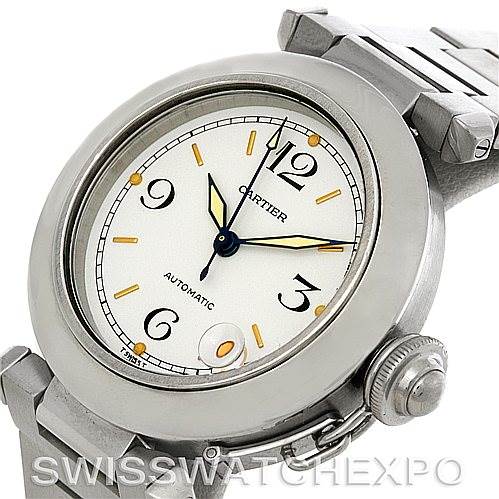 The image shows a Cartier Pasha W31043M7 Men's Stainless Steel Silver Dial W31043M7 Men's Stainless Steel Silver Dial watch at an angled close-up, highlighting the face, bezel, crown, and part of the bracelet.