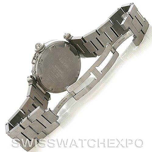 The image shows the back and bracelet of a Cartier Pasha W31043M7 Men's Stainless Steel Silver Dial W31043M7 Men's Stainless Steel Silver Dial watch, focusing on the case back and metal links.