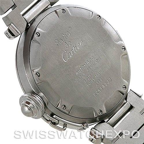 The image shows the back and clasp of a Cartier Pasha W31043M7 Men's Stainless Steel Silver Dial W31043M7 Men's Stainless Steel Silver Dial watch, highlighting the inscriptions and the bracelet attachment.