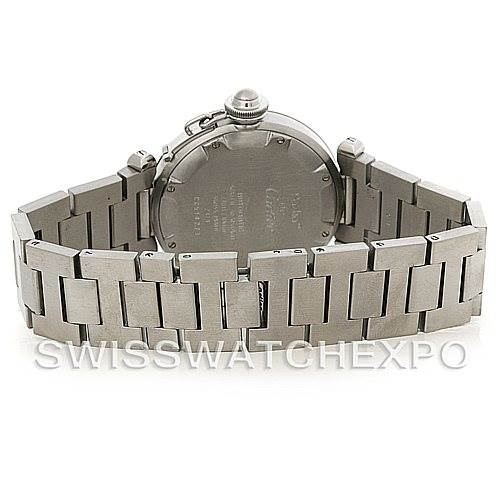 The image shows the backside view of a Cartier Pasha W31043M7 Men's Stainless Steel Silver Dial W31043M7 Men's Stainless Steel Silver Dial watch, displaying the case back and metal bracelet.