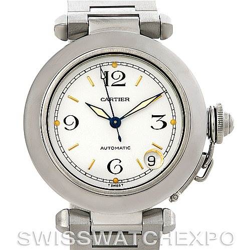 This image shows a front view of the Cartier Pasha W31043M7 Men's Stainless Steel Silver Dial W31043M7 Men's Stainless Steel Silver Dial watch, displaying its round dial, hands, crown, and bracelet.