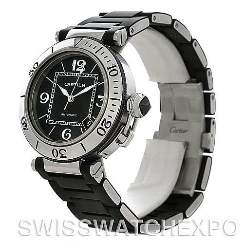 The Cartier Pasha W31077U2 Men's Stainless Steel Black Dial W31077U2 Men's Stainless Steel Black Dial watch is shown at a slight angle, displaying the face, bezel, and part of the bracelet.