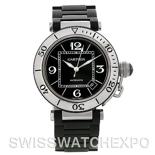 The image shows a front view of the Cartier Pasha W31077U2 Men's Stainless Steel Black Dial W31077U2 Men's Stainless Steel Black Dial watch, displaying its face, bezel, and bracelet.
