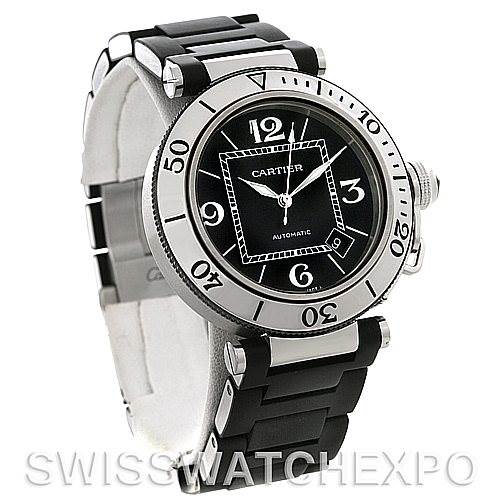 This image shows a Cartier Pasha W31077U2 Men's Stainless Steel Black Dial W31077U2 Men's Stainless Steel Black Dial watch at a slight angle, displaying the watch face, bezel, bracelet, and crown.