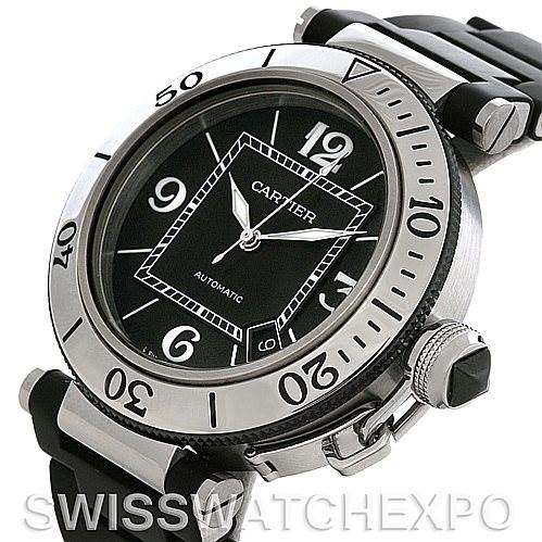 This image shows the front and side of a Cartier Pasha W31077U2 Men's Stainless Steel Black Dial W31077U2 Men's Stainless Steel Black Dial watch, highlighting its bezel, dial, crown, and part of the strap.