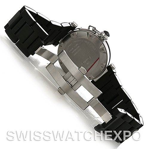 The image shows the back and clasp of a Cartier Pasha W31077U2 Men's Stainless Steel Black Dial W31077U2 Men's Stainless Steel Black Dial watch with a black bracelet, displayed at an angle highlighting the closed clasp.