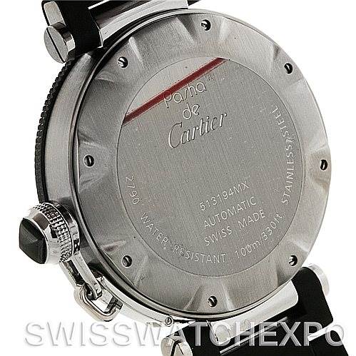 The image shows the back case of a Cartier Pasha W31077U2 Men's Stainless Steel Black Dial W31077U2 Men's Stainless Steel Black Dial watch, highlighting its engravings and notable features.