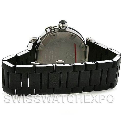 The image shows the back of a Cartier Pasha W31077U2 Men's Stainless Steel Black Dial W31077U2 Men's Stainless Steel Black Dial watch, focusing on the case back and the black rubber strap.
