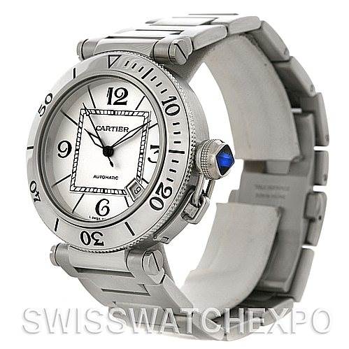 The image shows a side and front angle view of the Cartier Pasha W31080M7 Men
s Stainless Steel Silver Dial W31080M7 Men
s Stainless Steel Silver Dial watch, highlighting its dial, crown, and bracelet.