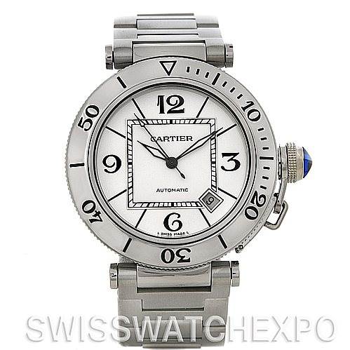 This image shows a front view of the Cartier Pasha W31080M7 Men
s Stainless Steel Silver Dial W31080M7 Men
s Stainless Steel Silver Dial watch, highlighting the dial, numerals, bezel, bracelet, and crown.