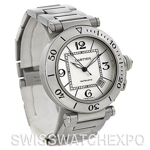 The image shows a Cartier Pasha W31080M7 Men
s Stainless Steel Silver Dial W31080M7 Men
s Stainless Steel Silver Dial watch at a three-quarter angle, highlighting its face, bezel, crown, and bracelet.