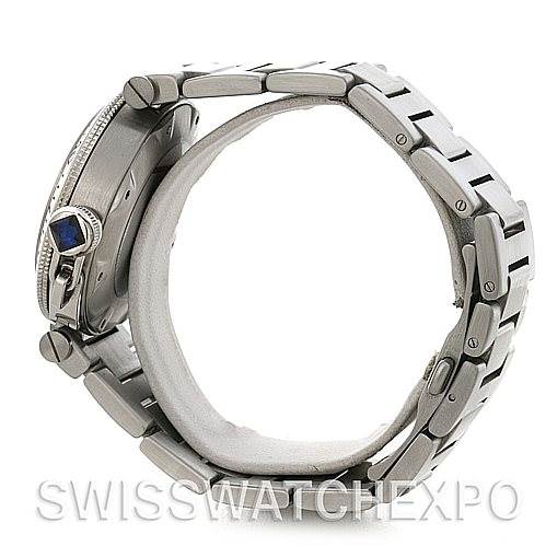 The image shows a side view of the Cartier Pasha W31080M7 Men
s Stainless Steel Silver Dial W31080M7 Men
s Stainless Steel Silver Dial watch, highlighting the bracelet and crown with a blue cabochon.
