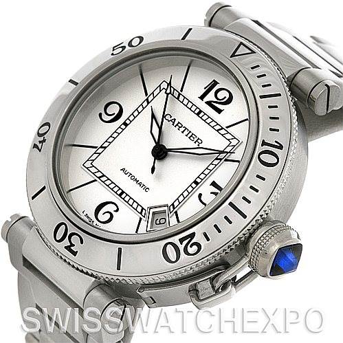 This image shows a close-up angle of the face and bezel of a Cartier Pasha W31080M7 Men
s Stainless Steel Silver Dial W31080M7 Men
s Stainless Steel Silver Dial model watch.