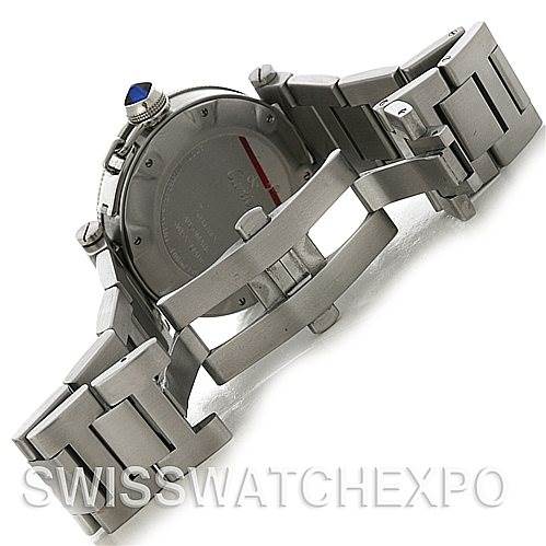 The image showcases the back and bracelet clasp of a Cartier Pasha W31080M7 Men
s Stainless Steel Silver Dial W31080M7 Men
s Stainless Steel Silver Dial watch from a rear and angled view.