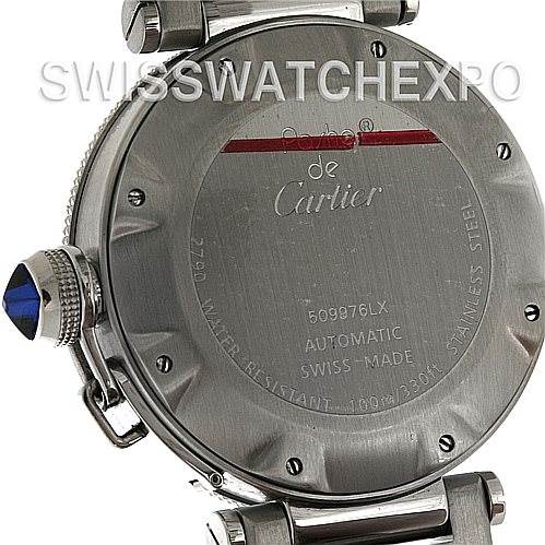 The image shows the back case and crown of a Cartier Pasha W31080M7 Men
s Stainless Steel Silver Dial W31080M7 Men
s Stainless Steel Silver Dial watch, highlighting its engravings and details.