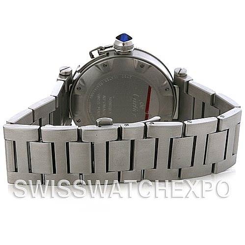 The image shows the back and bracelet of a Cartier Pasha W31080M7 Men
s Stainless Steel Silver Dial W31080M7 Men
s Stainless Steel Silver Dial watch, highlighting its metal links and clasp.