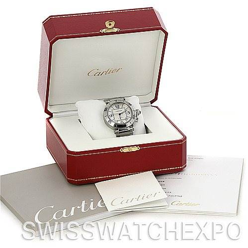 The Cartier Pasha W31080M7 Men
s Stainless Steel Silver Dial W31080M7 Men
s Stainless Steel Silver Dial watch is displayed in an open red box, showing its face, bezel, and bracelet with accompanying documents.