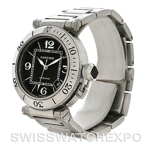 This image shows a side view of a Cartier Pasha W31077M7 Men
s Stainless Steel Black Dial W31077M7 Men
s Stainless Steel Black Dial watch, highlighting its bezel, dial, crown, and metal bracelet.
