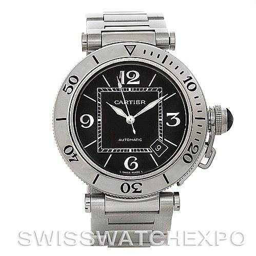 This image shows the front view of a Cartier Pasha W31077M7 Men
s Stainless Steel Black Dial W31077M7 Men
s Stainless Steel Black Dial watch, highlighting its dial, bezel, and bracelet.
