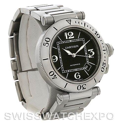 The Cartier Pasha W31077M7 Men
s Stainless Steel Black Dial W31077M7 Men
s Stainless Steel Black Dial watch is shown at an oblique angle, displaying its dial, bezel, and metal bracelet.