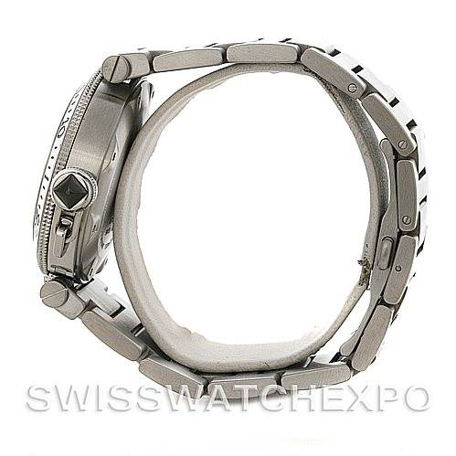 The image displays a side view of a Cartier Pasha W31077M7 Men
s Stainless Steel Black Dial W31077M7 Men
s Stainless Steel Black Dial watch, showing the case, crown, and bracelet.