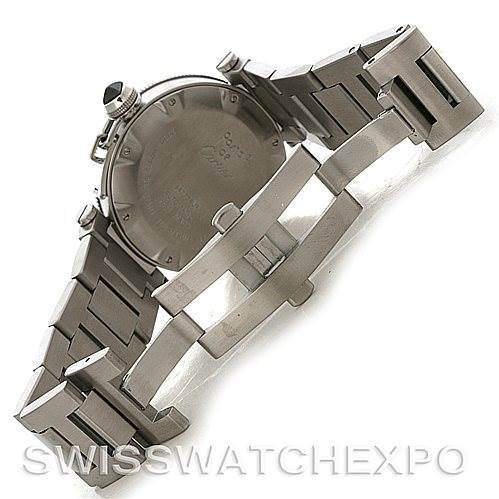 This image shows the back case and bracelet of the Cartier Pasha W31077M7 Men
s Stainless Steel Black Dial W31077M7 Men
s Stainless Steel Black Dial watch at a slight angle.