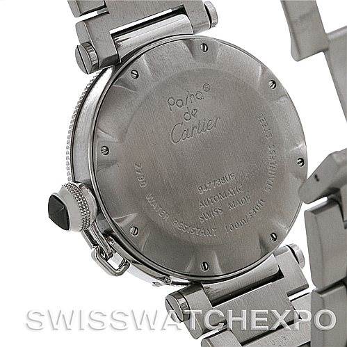 The image shows the back case and part of the metal bracelet of a Cartier Pasha W31077M7 Men
s Stainless Steel Black Dial W31077M7 Men
s Stainless Steel Black Dial watch at a slightly angled side view.