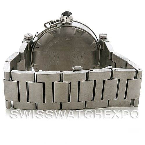 The image shows the back and bracelet of a Cartier Pasha W31077M7 Men
s Stainless Steel Black Dial W31077M7 Men
s Stainless Steel Black Dial watch at a slightly elevated rear angle.