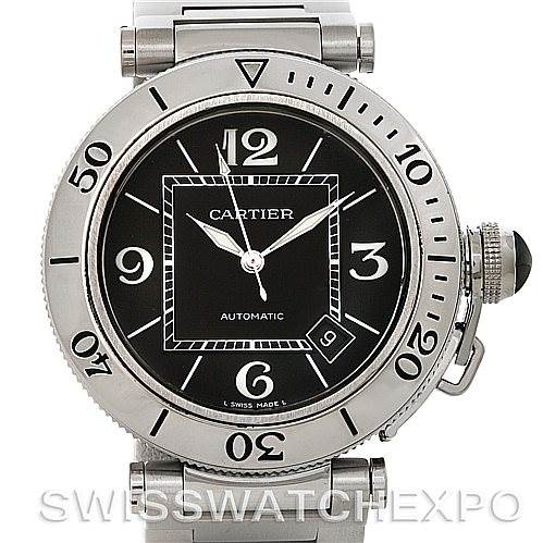 The image shows a front view of a Cartier Pasha W31077M7 Men
s Stainless Steel Black Dial W31077M7 Men
s Stainless Steel Black Dial watch, highlighting its black dial, numerals, and stainless steel bezel.