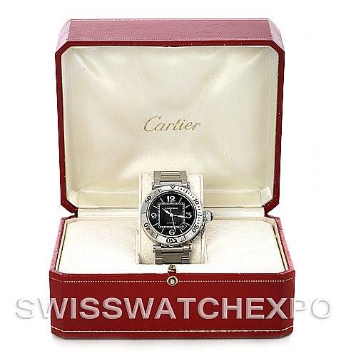 The image shows a Pasha model watch by Cartier, displayed at a frontal angle in an open red Cartier box.