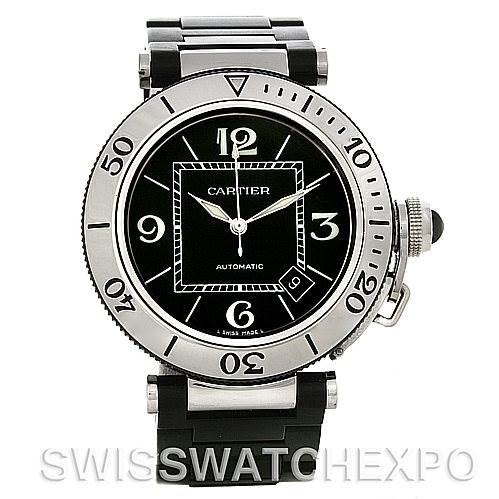 The image shows a front view of a Cartier Pasha W31077U2 Men's Stainless Steel Black Dial W31077U2 Men's Stainless Steel Black Dial model watch, displaying the dial, bezel, crown, and part of the strap.
