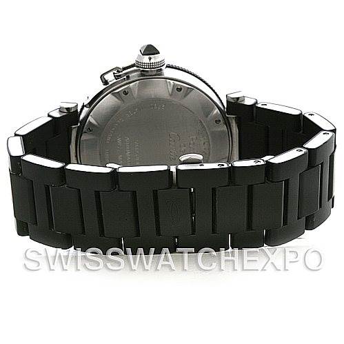 The image shows the back view of a Cartier Pasha W31077U2 Men's Stainless Steel Black Dial W31077U2 Men's Stainless Steel Black Dial watch, focusing on the bracelet and case back.