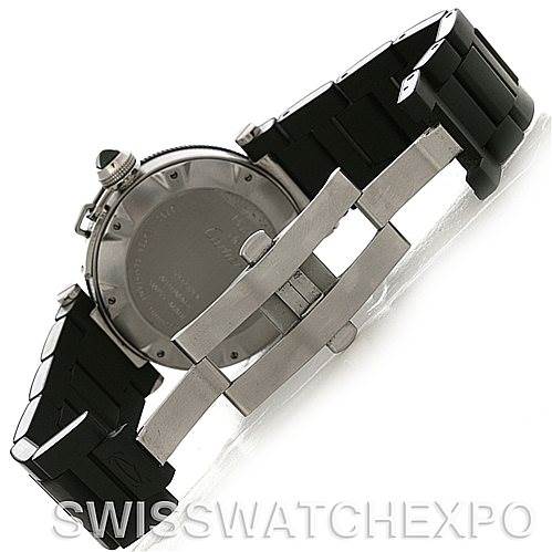 The image shows the back view of the Cartier Pasha W31077U2 Men's Stainless Steel Black Dial W31077U2 Men's Stainless Steel Black Dial watch, focusing on the case back and the adjustable rubber strap.