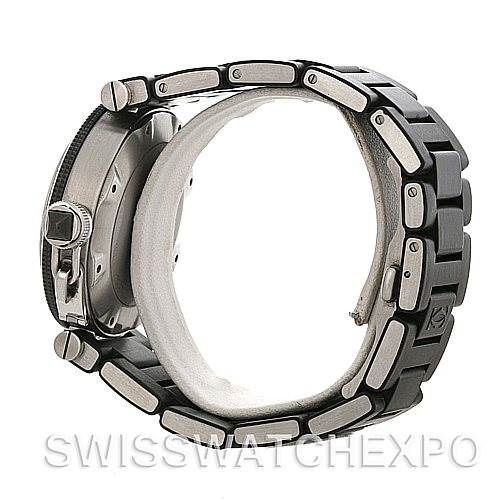 The image shows a side view of the Cartier Pasha W31077U2 Men's Stainless Steel Black Dial W31077U2 Men's Stainless Steel Black Dial watch, highlighting the crown and stainless steel bracelet.