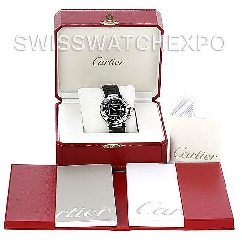 This image shows a Cartier Pasha W31077U2 Men's Stainless Steel Black Dial W31077U2 Men's Stainless Steel Black Dial watch at a frontal angle, inside a red Cartier box, accompanied by booklets and documentation.