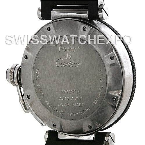 The image shows the case back of a Cartier Pasha W31077U2 Men's Stainless Steel Black Dial W31077U2 Men's Stainless Steel Black Dial watch, highlighting its engravings and screw details.