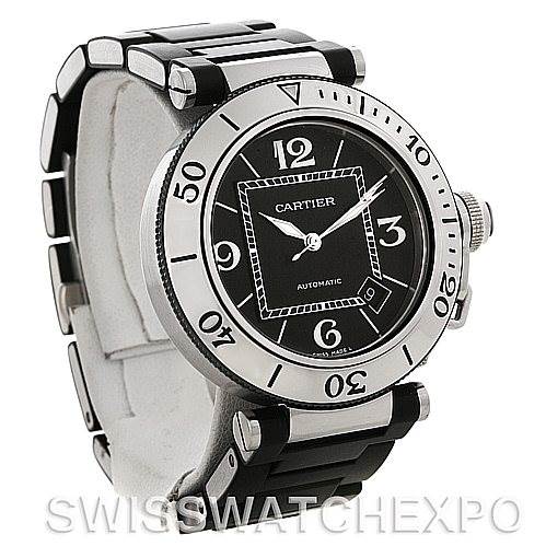 This image shows a Cartier Pasha W31077U2 Men's Stainless Steel Black Dial W31077U2 Men's Stainless Steel Black Dial watch from an angled side view, highlighting its bezel, dial, and bracelet.
