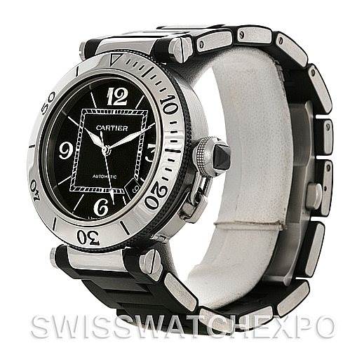 This image shows a side angle view of a Cartier Pasha W31077U2 Men's Stainless Steel Black Dial W31077U2 Men's Stainless Steel Black Dial watch, highlighting its bezel, dial, crown, and bracelet.